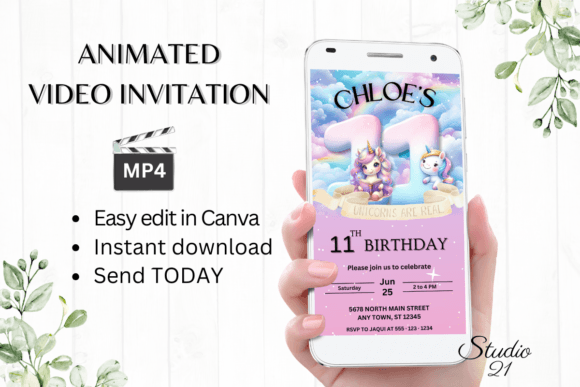 Enchanting Unicorn Birthday Invitation for an 11th Celebration
