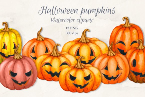 Halloween Pumpkins Cliparts: Hand-Painted Digital PNGs for Designers