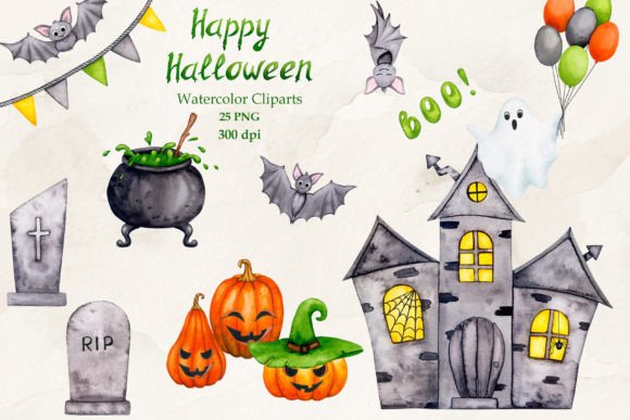 Halloween Watercolor Cliparts: Hand-Painted Digital Design Assets