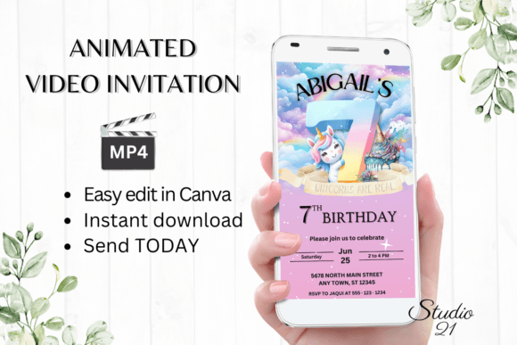 Magical Unicorn Birthday Invitation for 7-Year-Olds
